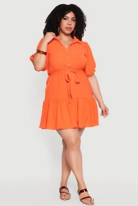 Plus Puff Sleeve Tiered Mini Dress with Tie Waist Belt
