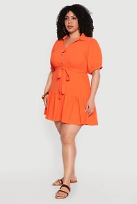 Plus Puff Sleeve Tiered Mini Dress with Tie Waist Belt