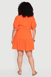 Plus Puff Sleeve Tiered Mini Dress with Tie Waist Belt