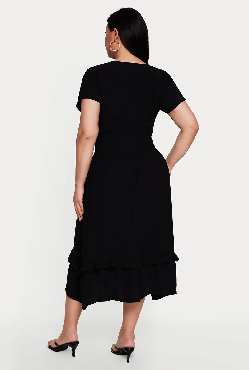 Plus Short Sleeve Ruched Empire Waist Dress with Ruffles