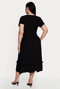 Plus Short Sleeve Ruched Empire Waist Dress with Ruffles
