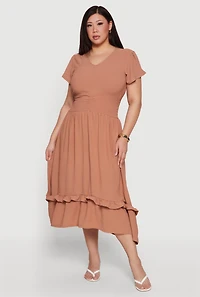 Plus Short Sleeve Ruched Empire Waist Dress with Ruffles