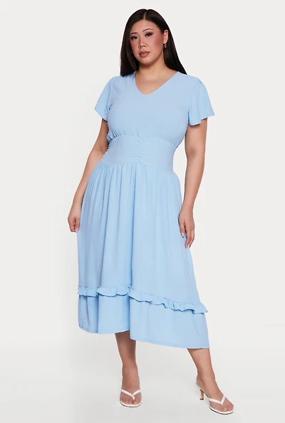 Plus Short Sleeve Ruched Empire Waist Dress with Ruffles