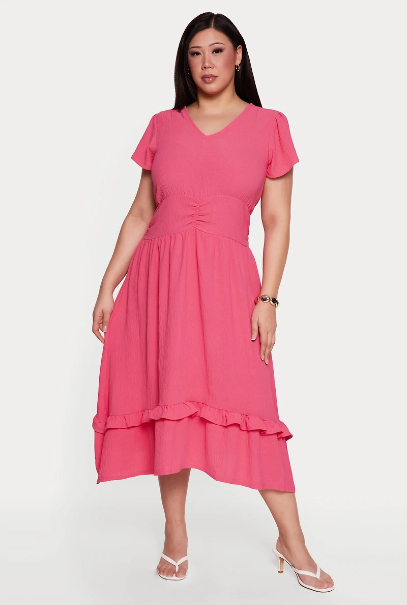 Plus Short Sleeve Ruched Empire Waist Dress with Ruffles