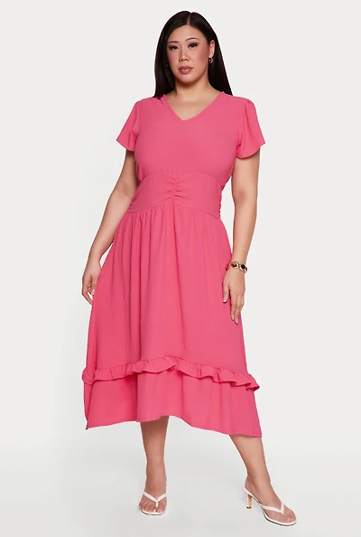 Plus Short Sleeve Ruched Empire Waist Dress with Ruffles