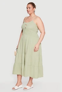Plus Smocked Waist O Ring Keyhole Detail Tiered Midi Dress