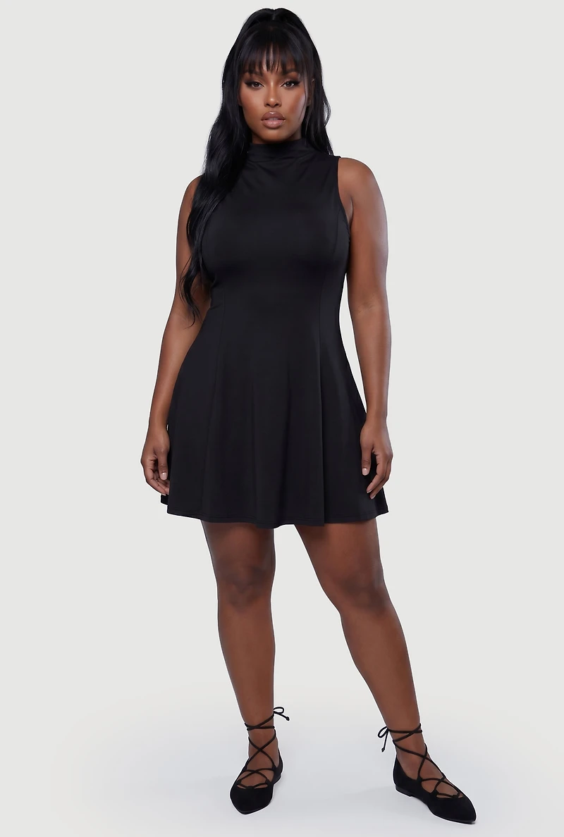 Plus Sleeveless Mock Neck Skater Dress