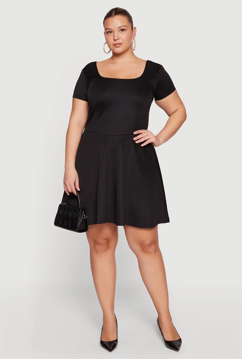 Plus Short Sleeve Square Neck Skater Dress