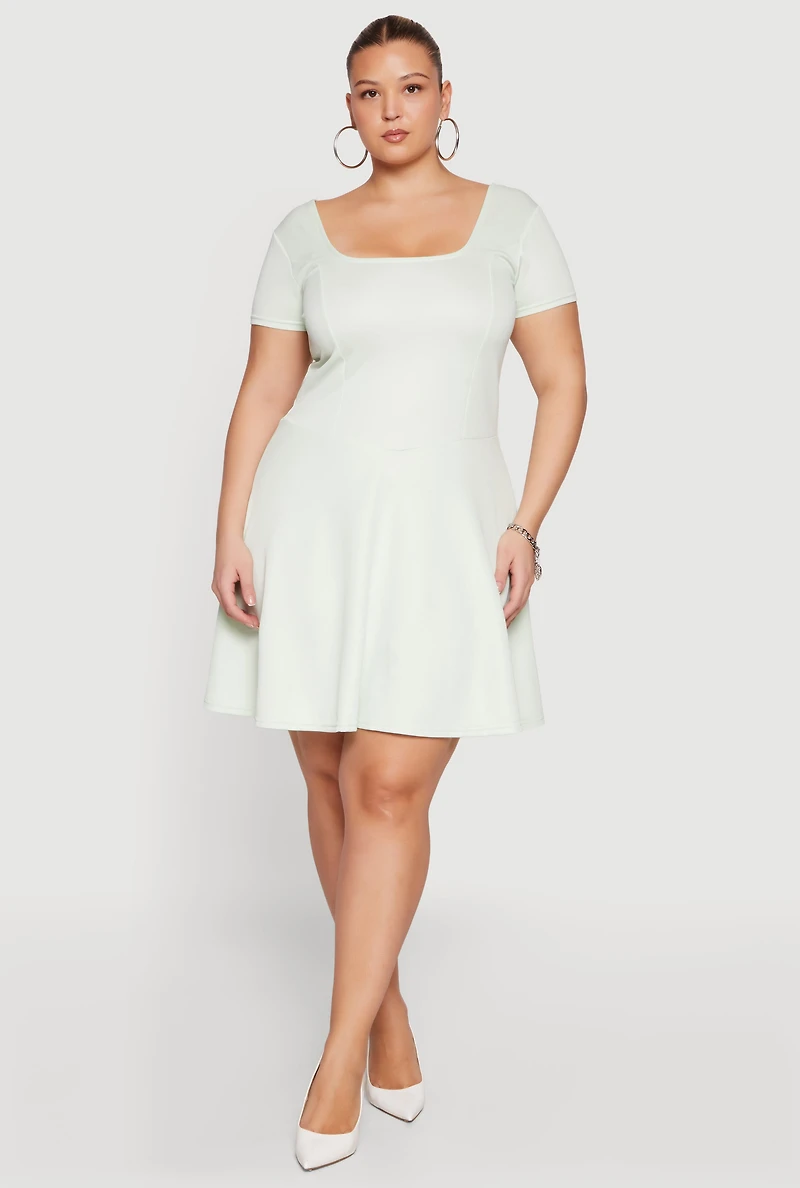 Plus Short Sleeve Square Neck Skater Dress