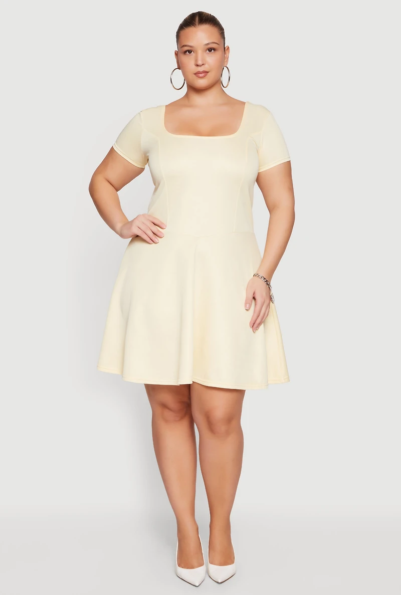Plus Short Sleeve Square Neck Skater Dress