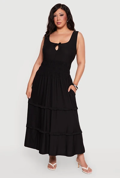 Plus Keyhole Detail Sleeveless Ruffle Tiered Maxi Dress
