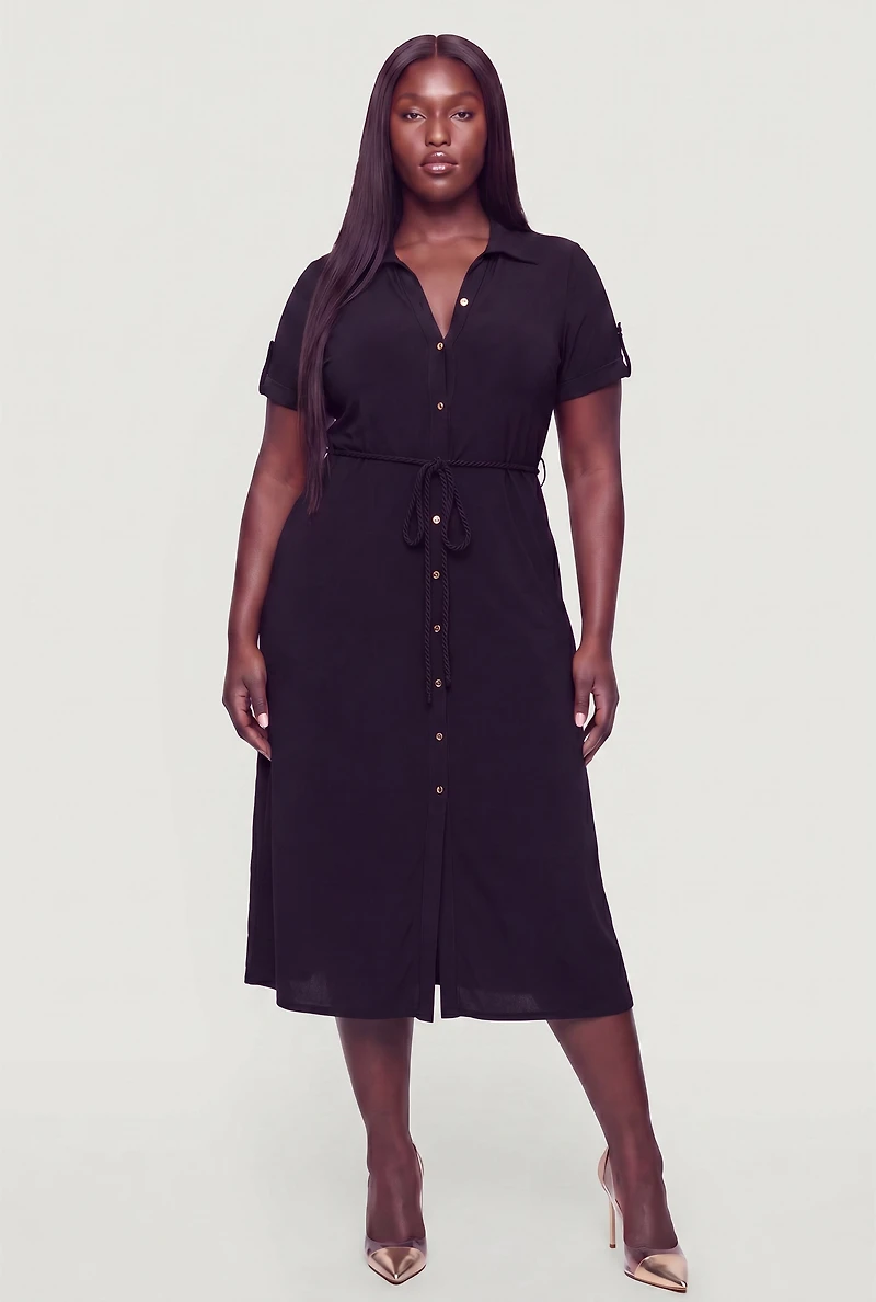 Plus Rope Belted Short Sleeve Shirt Dress