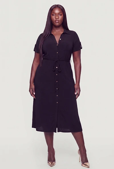Plus Rope Belted Short Sleeve Shirt Dress