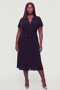 Plus Rope Belted Short Sleeve Shirt Dress