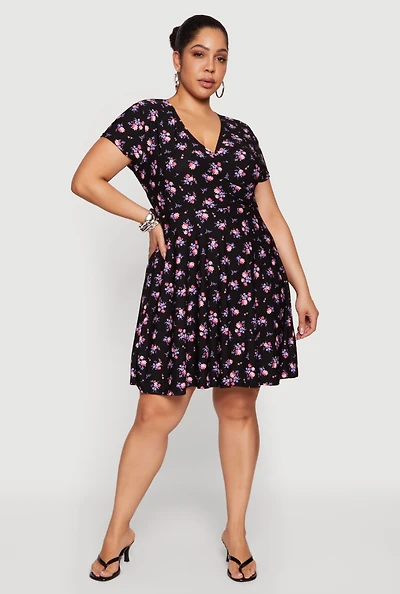 Plus Floral Print Faux Wrap Skater Dress