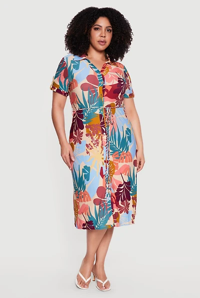 Plus Floral Print Button Front Shirt Dress
