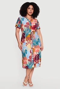 Plus Floral Print Button Front Shirt Dress
