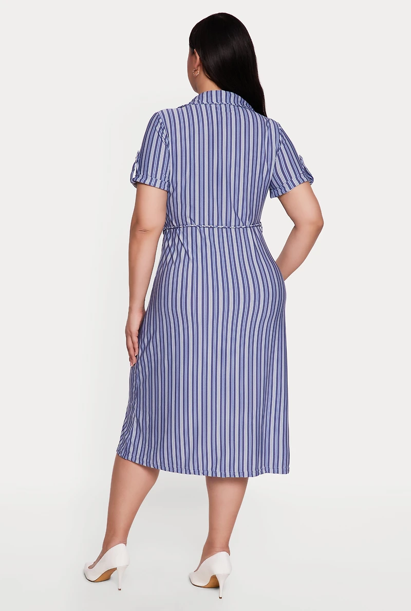 Plus Striped Midi Shirt Dress with Tie Waist Belt