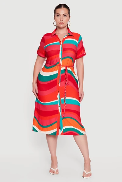 Plus Wavy Stripe Tie Waist Belted Shirt Dress