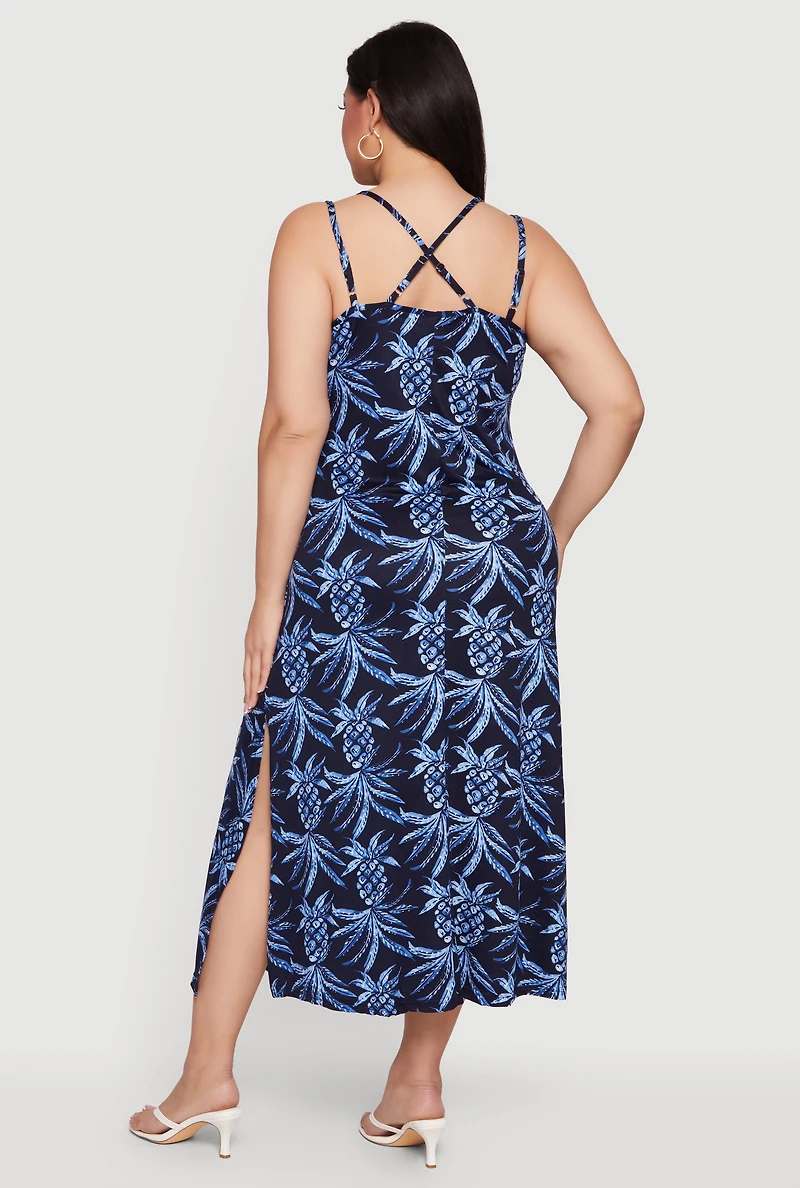 Plus Pineapple Print Double Strap Maxi Dress