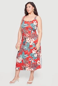 Plus Sleeveless Double Strap Floral Leaf Print Dress