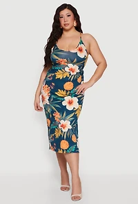 Plus Side Cut Out Tropical Floral Print Cami Midi Dress
