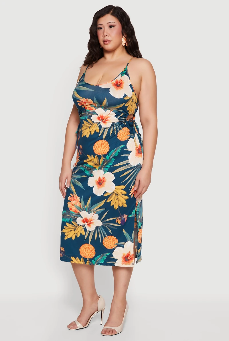 Plus Side Cut Out Tropical Floral Print Cami Midi Dress