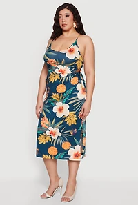 Plus Side Cut Out Tropical Floral Print Cami Midi Dress