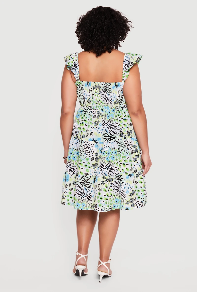 Plus Floral Animal Print Flutter Sleeve Tiered Midi Dress