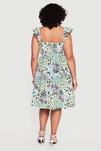Plus Floral Animal Print Flutter Sleeve Tiered Midi Dress