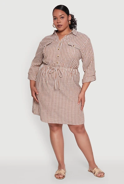 Womens Plus Size Half Button Striped Shirt Dress, Brown, Size 2X