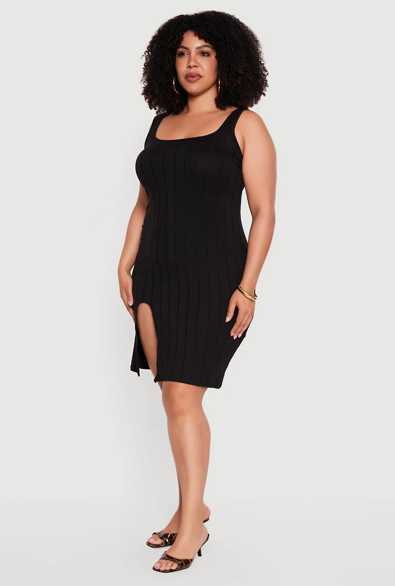 Plus Ribbed Knit Tank Mini Dress with Thigh Slit