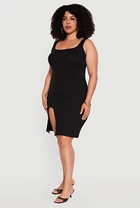 Plus Ribbed Knit Tank Mini Dress with Thigh Slit