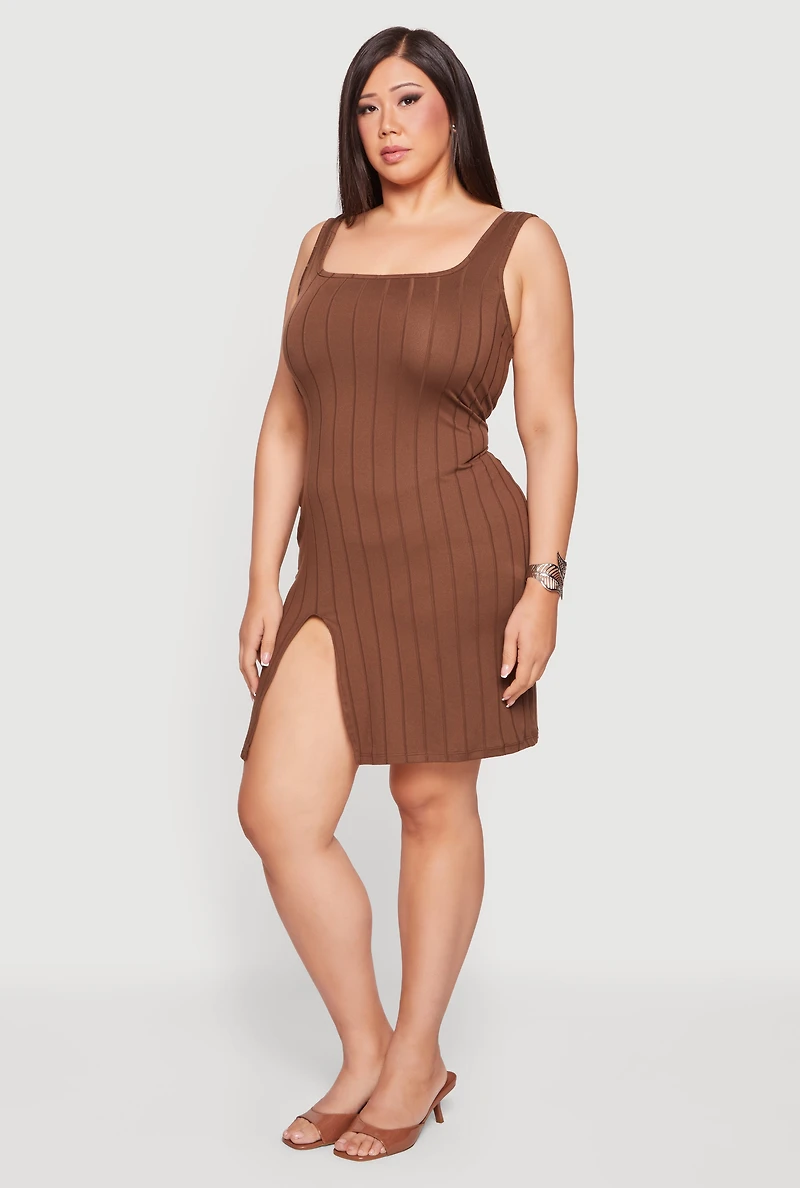 Plus Ribbed Knit Tank Mini Dress with Thigh Slit