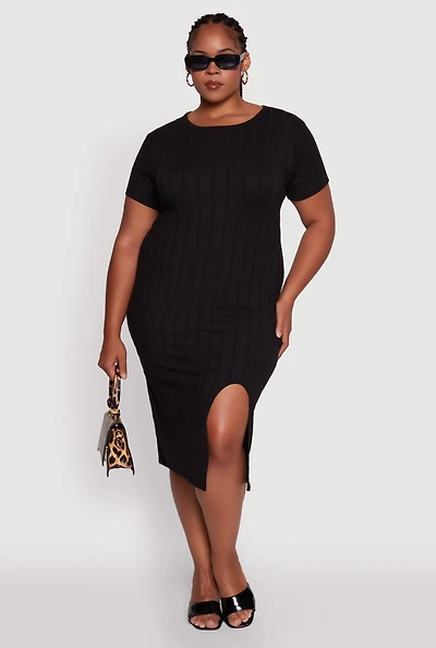 Womens Plus Size Ribbed Knit Crew Neck Midi Dress with Side Slit, Black, Size 3X