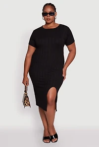 Womens Plus Size Ribbed Knit Crew Neck Midi Dress with Side Slit, Black, Size 4X