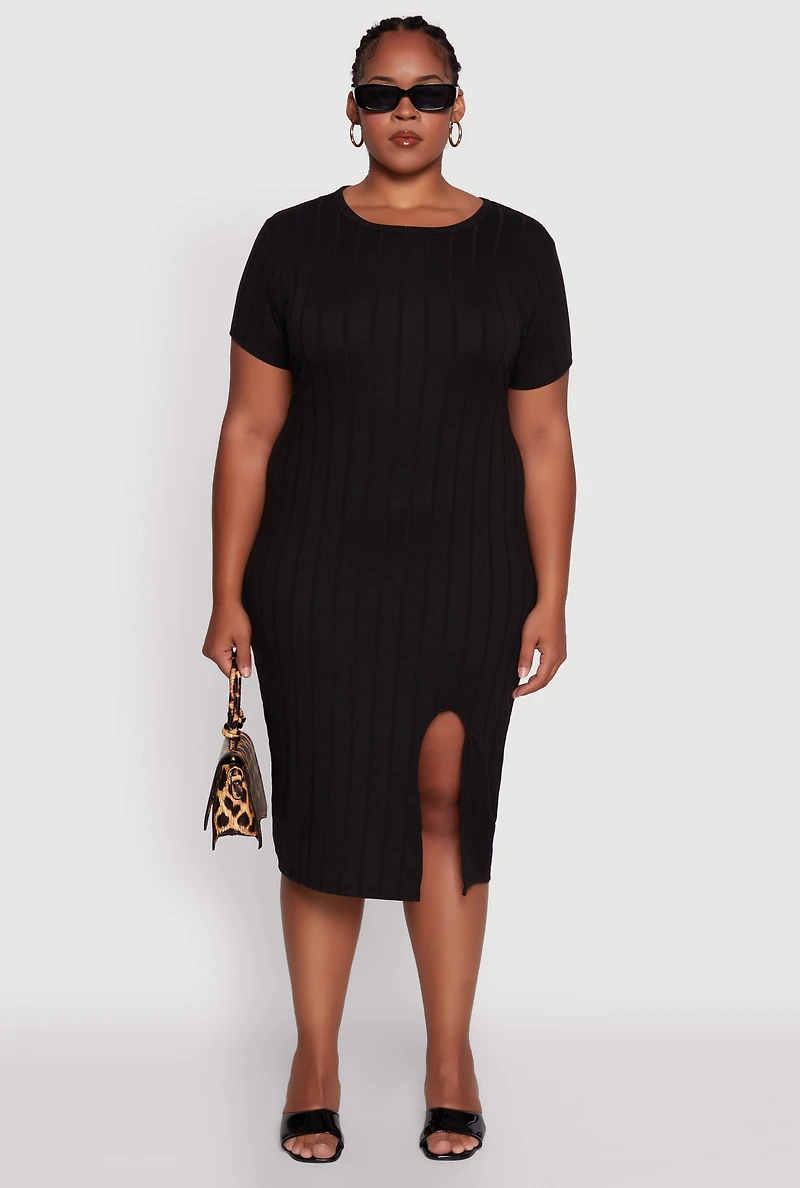 Womens Plus Size Ribbed Knit Crew Neck Midi Dress with Side Slit, Black, Size 4X