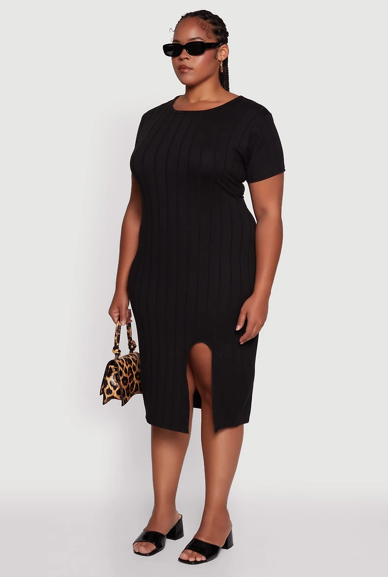 Womens Plus Size Ribbed Knit Crew Neck Midi Dress with Side Slit, Black, Size 4X