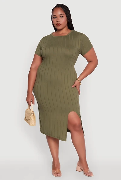 Womens Plus Size Ribbed Knit Crew Neck Midi Dress with Side Slit, Green, Size 2X