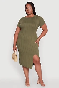 Womens Plus Size Ribbed Knit Crew Neck Midi Dress with Side Slit, Green, Size 2X