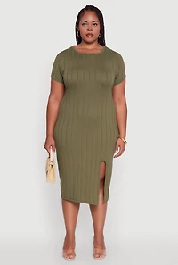 Womens Plus Size Ribbed Knit Crew Neck Midi Dress with Side Slit, Green, Size 2X