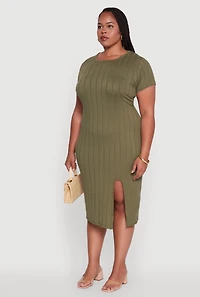 Womens Plus Size Ribbed Knit Crew Neck Midi Dress with Side Slit, Green, Size 2X