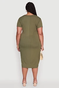 Womens Plus Size Ribbed Knit Crew Neck Midi Dress with Side Slit, Green, Size 2X