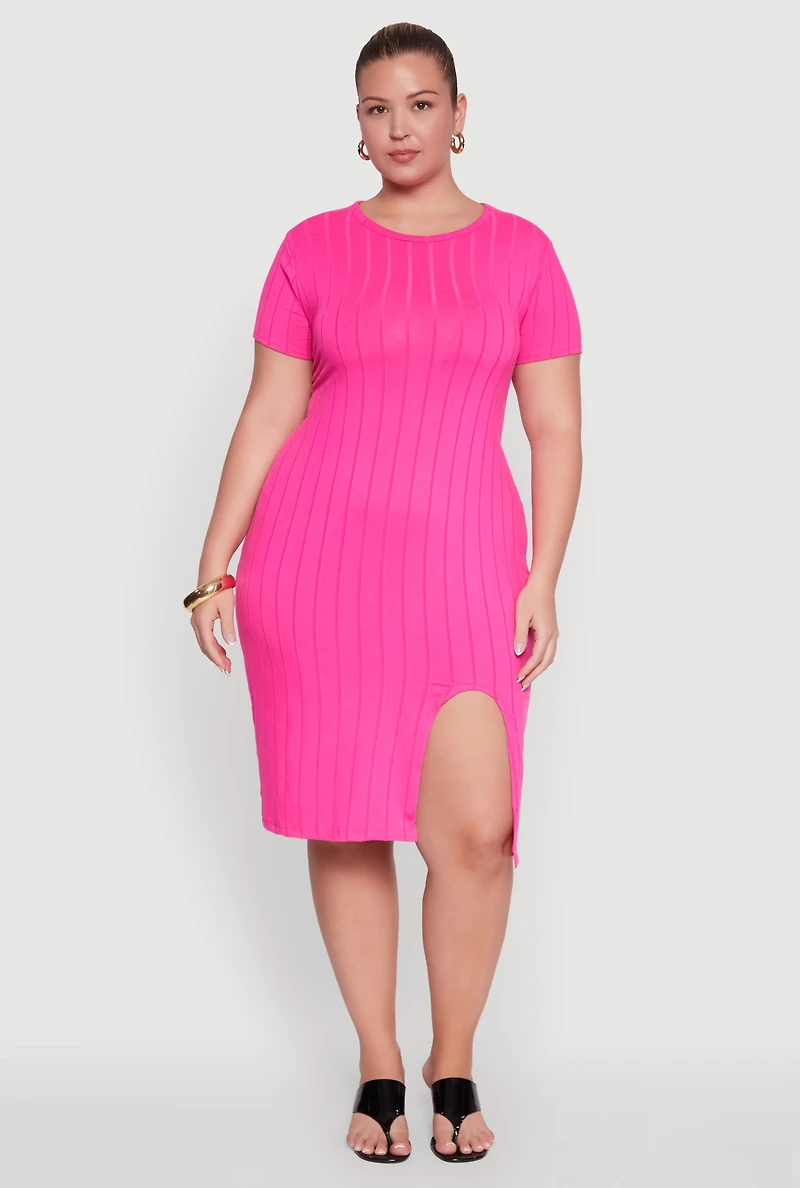 Plus Ribbed Knit Crew Neck Midi Dress with Side Slit