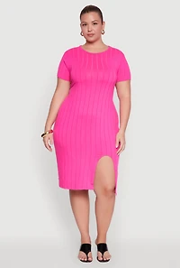 Plus Ribbed Knit Crew Neck Midi Dress with Side Slit