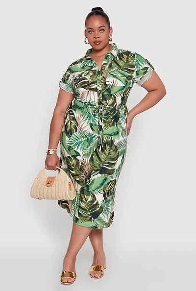 Plus Short Sleeve Leaf Print Shirt Dress