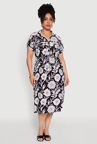 Womens Plus Floral Print Half Button Shirt Dress with Tie Waist Belt,