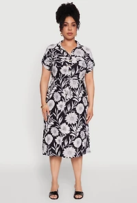 Womens Plus Floral Print Half Button Shirt Dress with Tie Waist Belt,