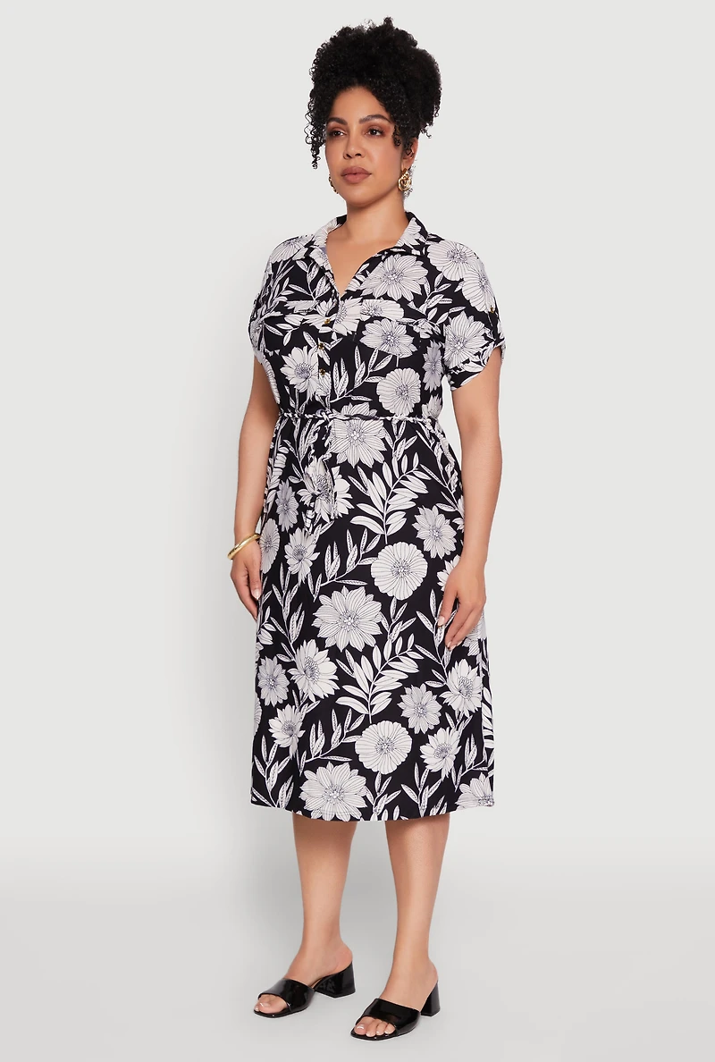 Womens Plus Size Floral Print Half Button Shirt Dress with Tie Waist Belt, Multi, Size 4X
