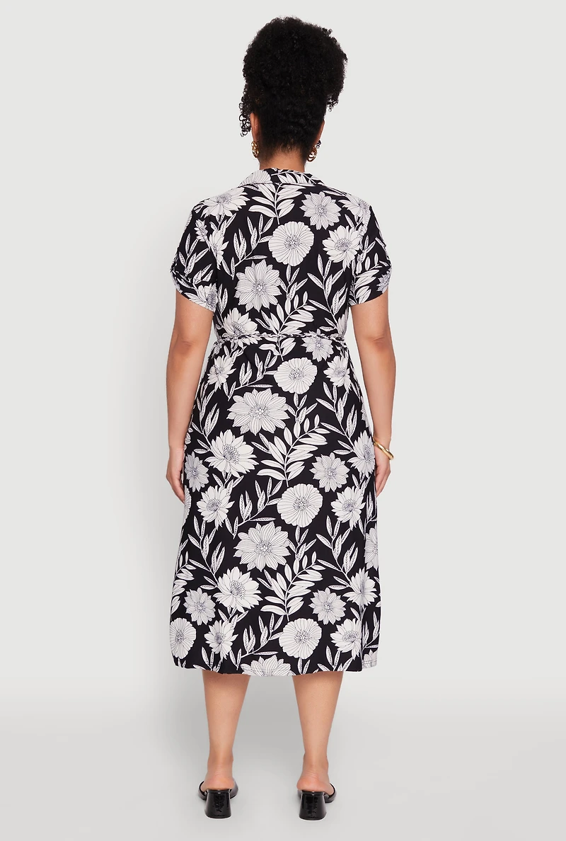 Womens Plus Size Floral Print Half Button Shirt Dress with Tie Waist Belt, Multi, Size 4X